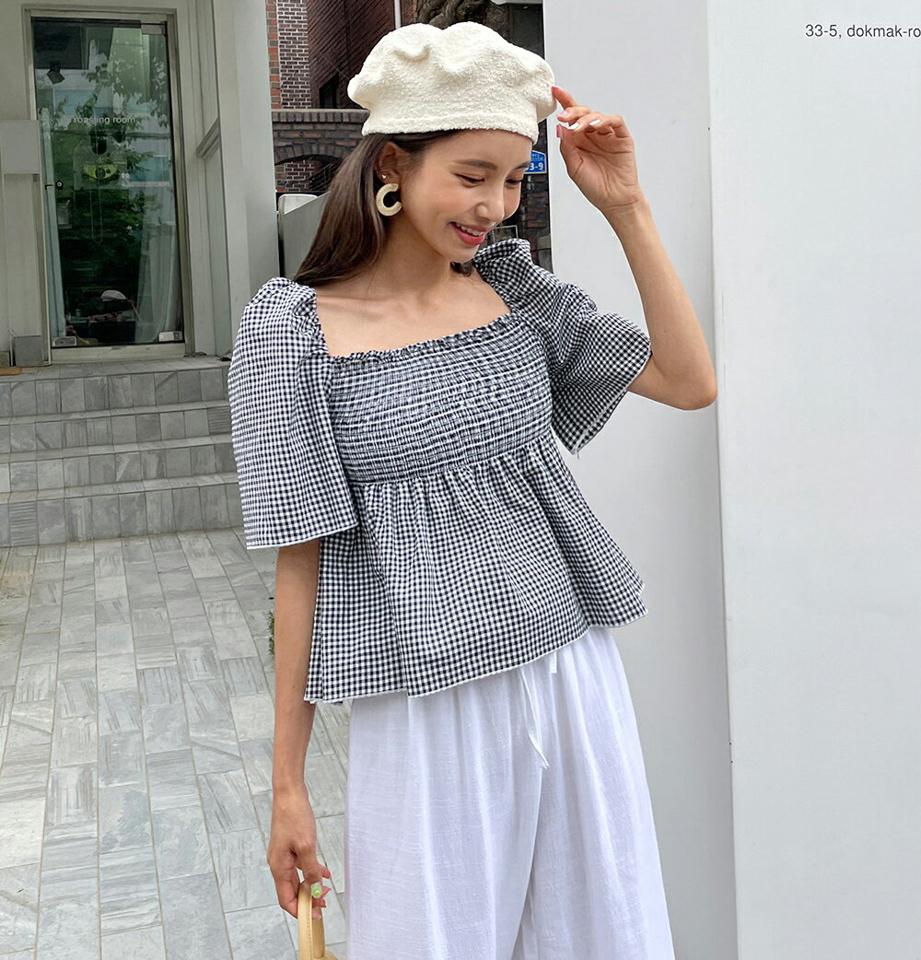2WAYギンガムチェックシャーリングブラウス・全3色・t01198 レディース 【bl】トップス ブラウス 半袖 チェック柄 ギンガムチェック シャーリング オフショルダー ガーリー 青 パフスリーブ 二の腕カバー お腹カバー 夏 韓国ファッション