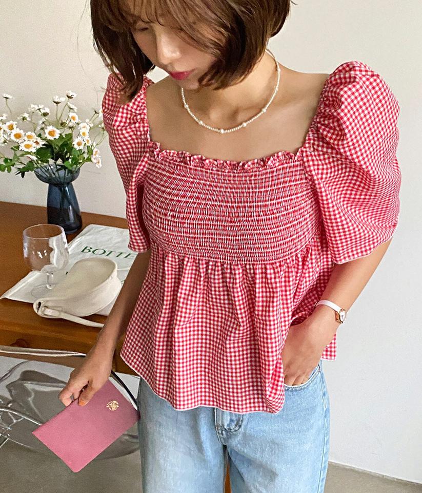 2WAYギンガムチェックシャーリングブラウス・全3色・t01198 レディース 【bl】トップス ブラウス 半袖 チェック柄 ギンガムチェック シャーリング オフショルダー ガーリー 青 パフスリーブ 二の腕カバー お腹カバー 夏 韓国ファッション