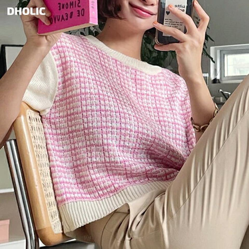 【10%OFF】ツイード調半袖ニット・全6色・t01203 レディース 【tops】トップス ニット 半袖 ツイード チェック柄 大人 かわいい 可愛い ラウンドネック クロップド丈 ピンク アクリルニット 春 夏 韓国ファッション セール SALE