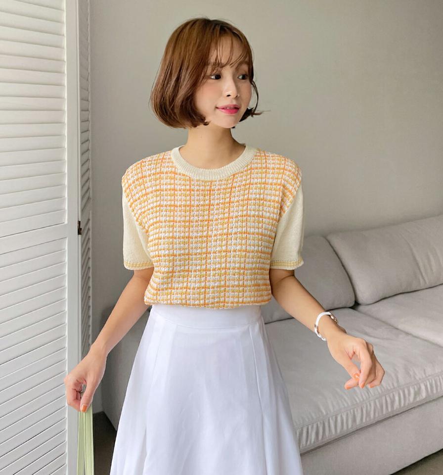 【10%OFF】ツイード調半袖ニット・全6色・t01203 レディース 【tops】トップス ニット 半袖 ツイード チェック柄 大人 かわいい 可愛い ラウンドネック クロップド丈 ピンク アクリルニット 春 夏 韓国ファッション セール SALE
