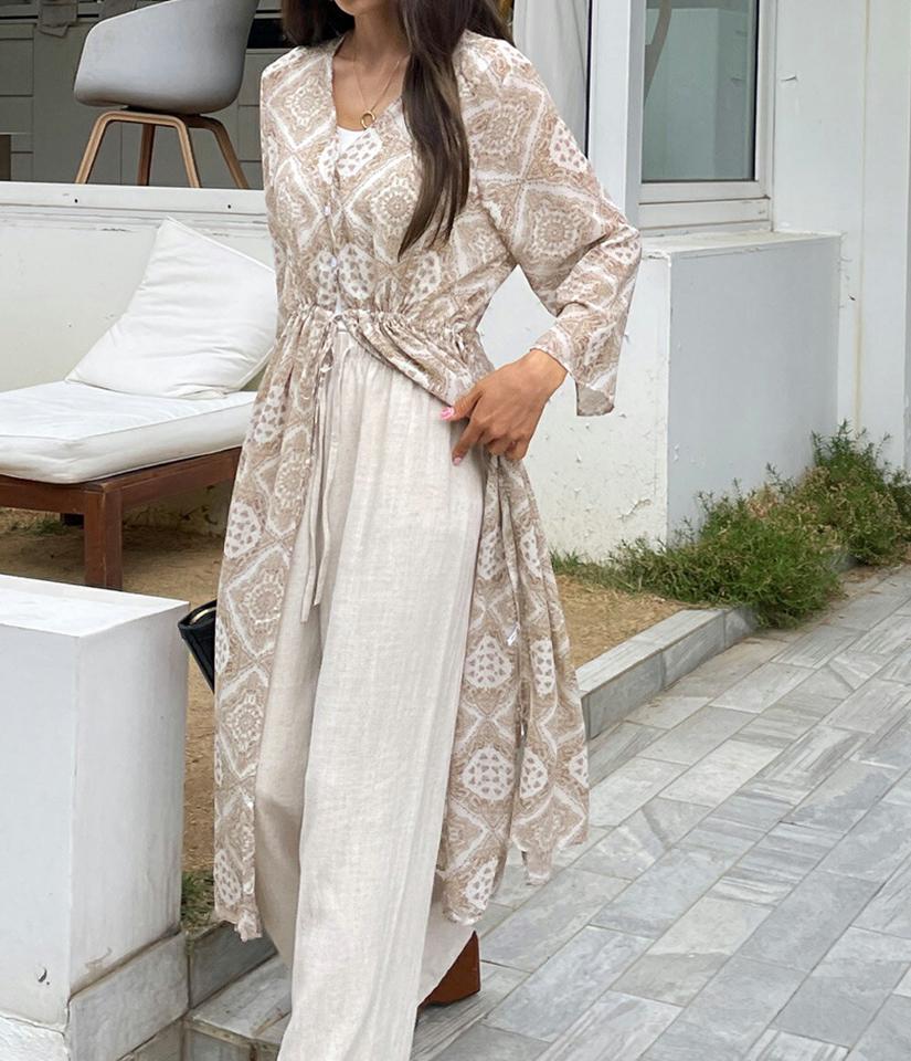 ペイズリーストリングロングブラウス・全2色・t01242 レディース 【bl】トップス ブラウス 七分袖 7分袖 七分丈 7分丈 ペイズリー柄 リゾート 羽織 ストリング Vネック ロング丈 カジュアル ラフ 大人 春 夏 韓国ファッション