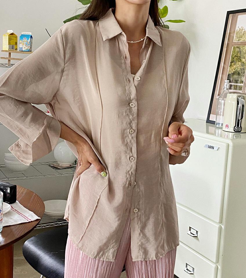 【マラソン特価】ピンタックシアーシャツ・全3色・t01199 レディース 【bl】トップス シャツ 長袖 シアー 透け感 ピンタック 単色 無地 シンプル カジュアル 大人 ラフ スリット 春 秋 韓国ファッション