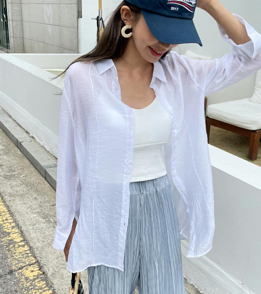 【マラソン特価】ピンタックシアーシャツ・全3色・t01199 レディース 【bl】トップス シャツ 長袖 シアー 透け感 ピンタック 単色 無地 シンプル カジュアル 大人 ラフ スリット 春 秋 韓国ファッション