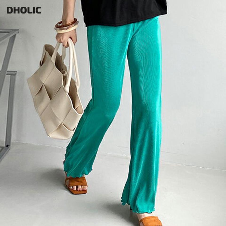 【10%OFF】プリーツフレアパンツ・全5色・b72550 レディース 【pt】パンツ ロング丈 カラーパンツ 単色 プリーツ 柄 模様 ゆったり 体型カバー 光沢 上品 フレア ハイウエスト プリーツパンツ 春 夏 カジュアル 緑 グリーン 韓国ファッション ハイホリHIHOLLI セール SALE