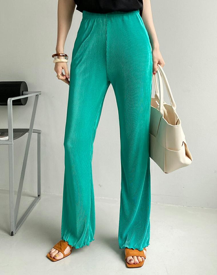 【10%OFF】プリーツフレアパンツ・全5色・b72550 レディース 【pt】パンツ ロング丈 カラーパンツ 単色 プリーツ 柄 模様 ゆったり 体型カバー 光沢 上品 フレア ハイウエスト プリーツパンツ 春 夏 カジュアル 緑 グリーン 韓国ファッション ハイホリHIHOLLI セール SALE