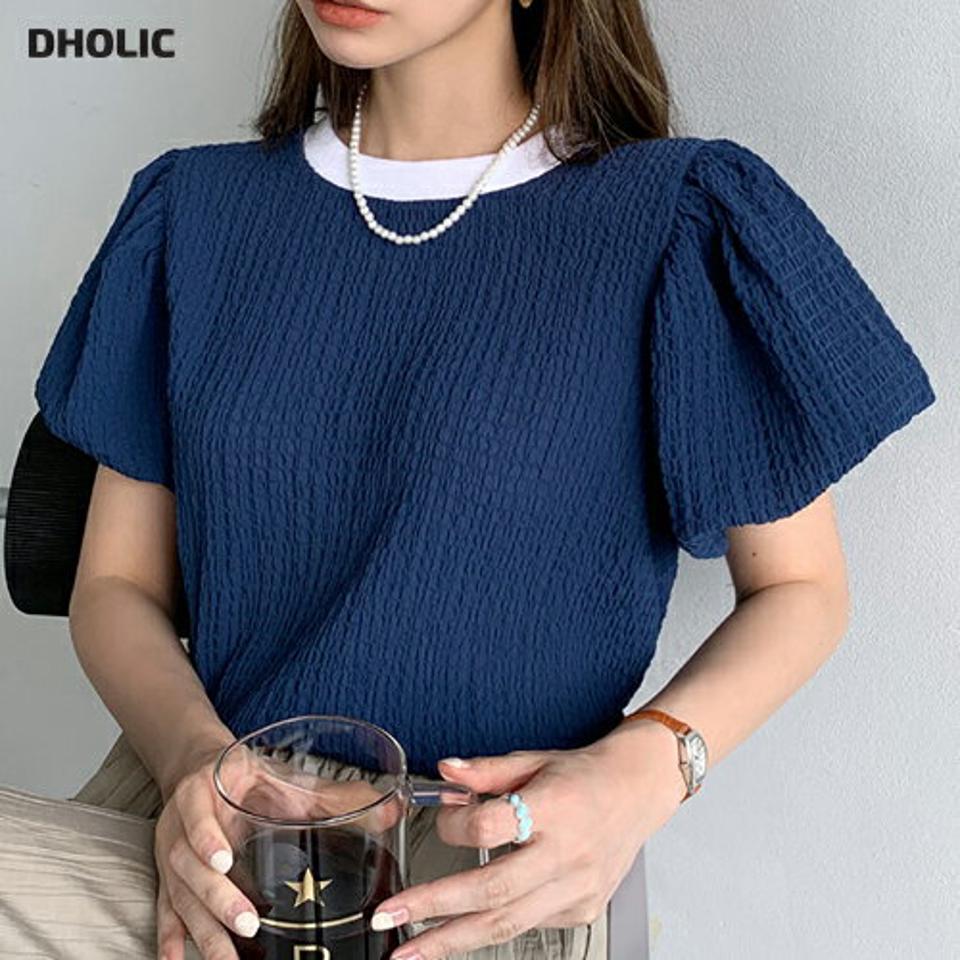 【10%OFF】ネック配色バルーンスリーブブラウス・全3色・b72538 レディース 【bl】ブラウス トップス 半袖 配色 柄 模様 ネックライン リンクル バルーン 二の腕カバー フレア クロップド丈 春 夏 カジュアル ネイビー 紺 韓国ファッション ハイホリHIHOLLI セール SALE