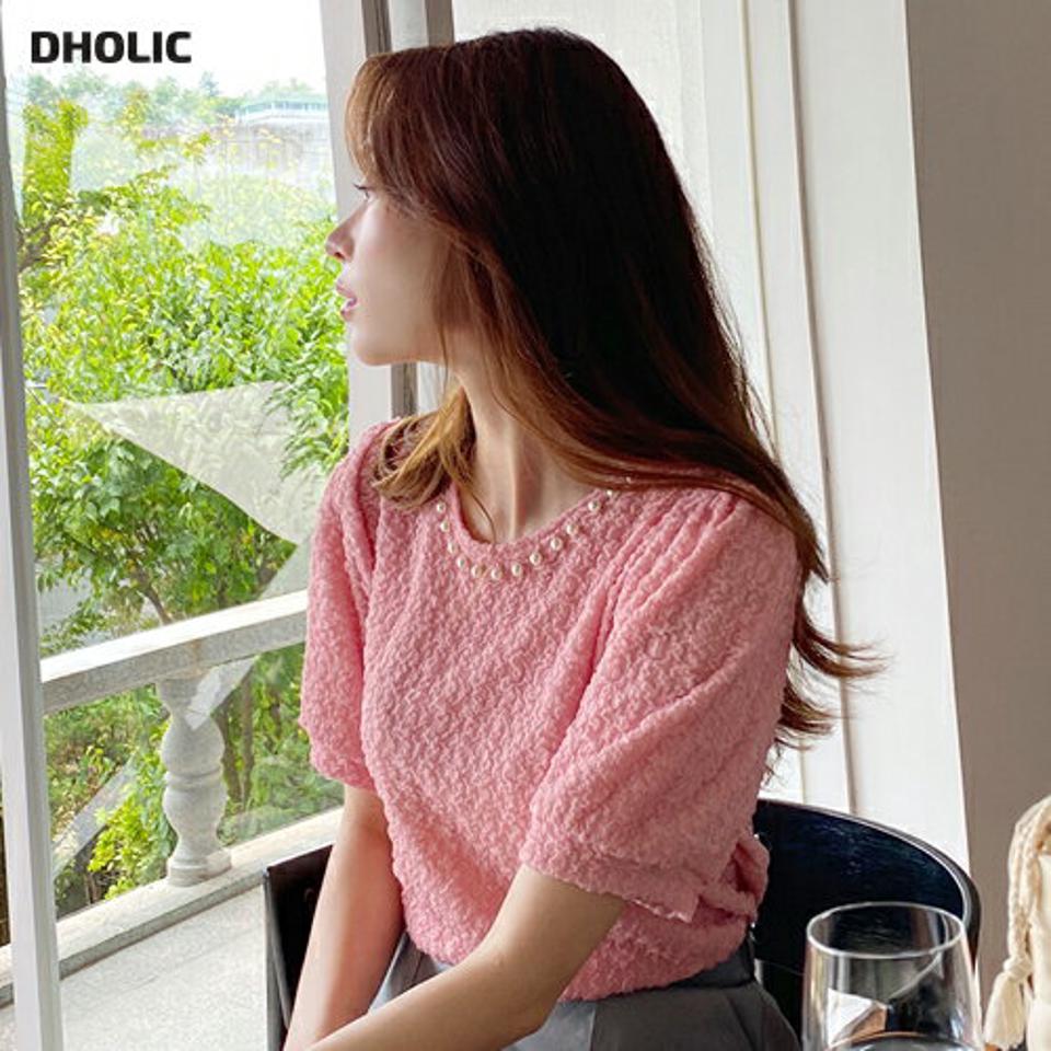 フェイクパールネックリンクルブラウス・全4色・t72537 レディース 【bl】ブラウス トップス 半袖 柄 模様 リンクル フェイクパール パール調 パフスリーブ パフ袖 オフィスカジュアル 春 夏 フェミニン ピンク 韓国ファッション ハイホリHIHOLLI