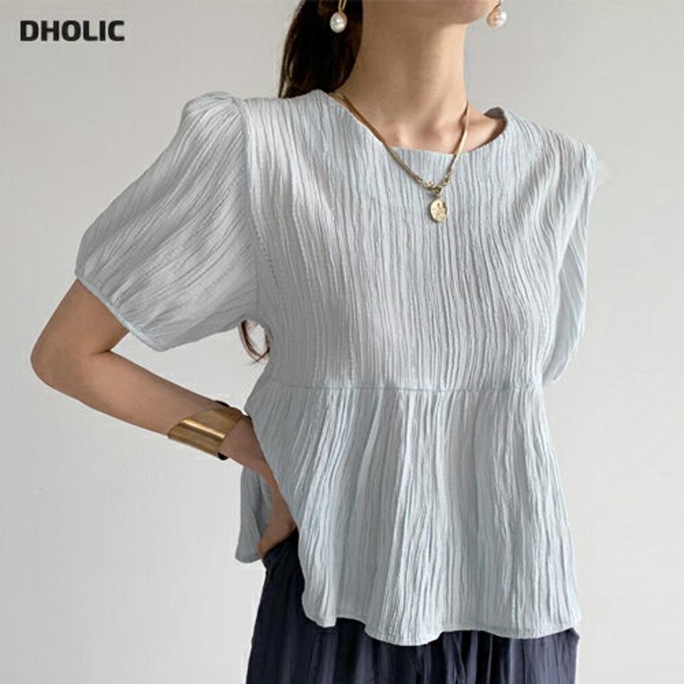 リンクルパフペプラムブラウス・全3色・t72560 レディース 【bl】ブラウス トップス 半袖 柄 模様 リンクル パフ 二の腕カバー 体型カバー お腹カバー ペプラム 春 夏 フェミニン パステル 水色 スカイブルー 韓国ファッション ハイホリHIHOLLI