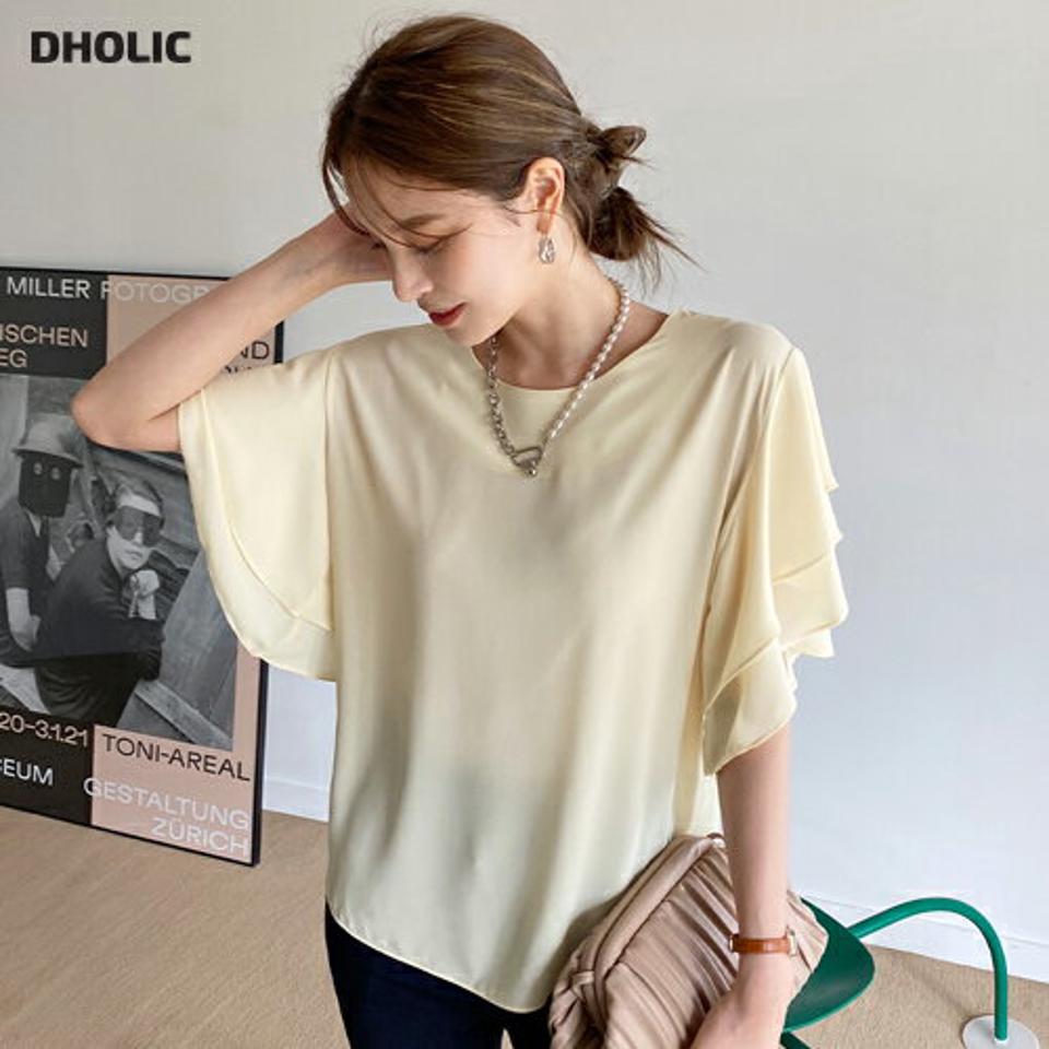 【10%OFF】ダブルラッフルスリーブブラウス・全3色・b72566 レディース 【bl】ブラウス トップス 半袖 ダブル ラッフルスリーブ 二の腕カバー 体型カバー 楽ちん 体型カバー 春 夏 フェミニン 黄色 イエロー パステル 韓国ファッション ハイホリHIHOLLI セール SALE