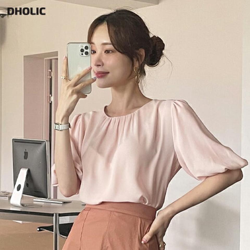 バルーンスリーブブラウス・全3色・t72535 レディース 【bl】ブラウス トップス 半袖 無地 シンプル ベーシック パステル バルーンスリーブ 二の腕カバー 春 夏 フェミニン オフィスカジュアル ピンク 韓国ファッション ハイホリHIHOLLI