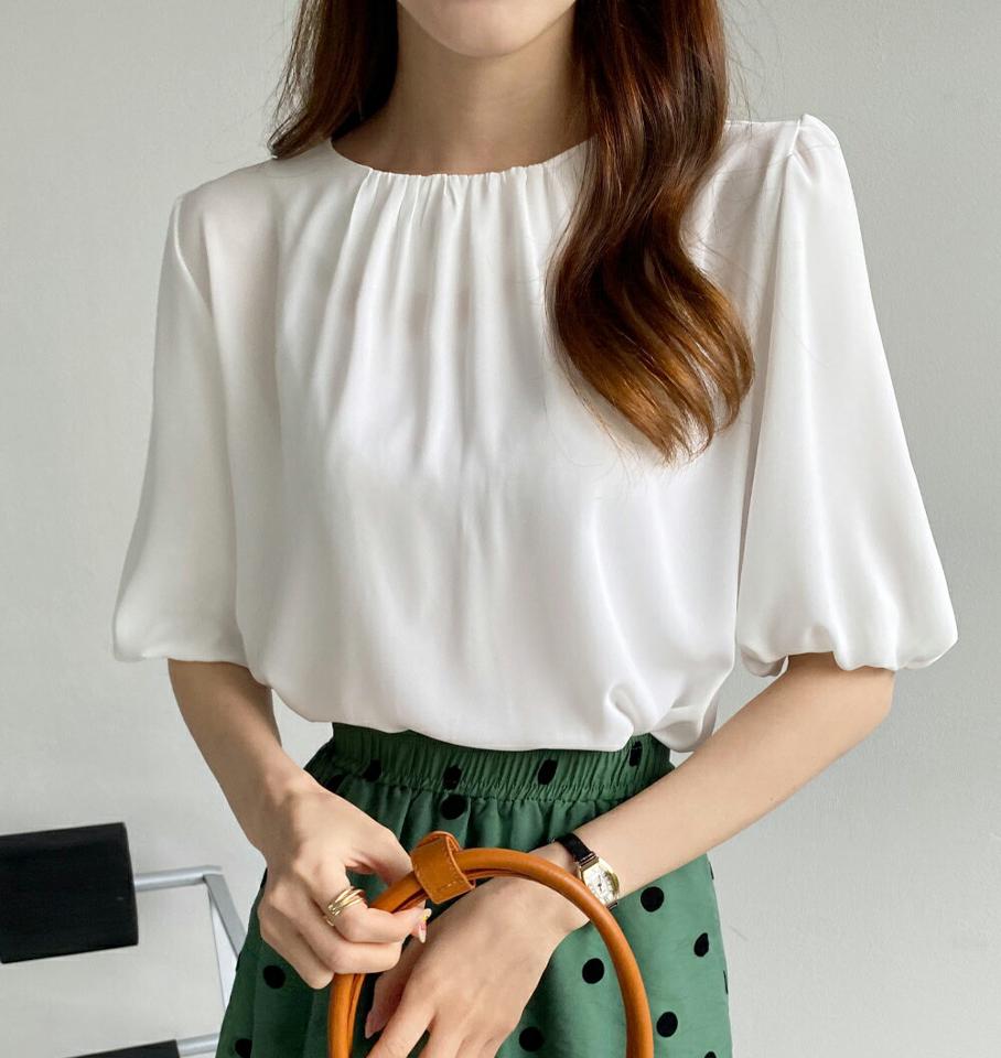 バルーンスリーブブラウス・全3色・t72535 レディース 【bl】ブラウス トップス 半袖 無地 シンプル ベーシック パステル バルーンスリーブ 二の腕カバー 春 夏 フェミニン オフィスカジュアル ピンク 韓国ファッション ハイホリHIHOLLI