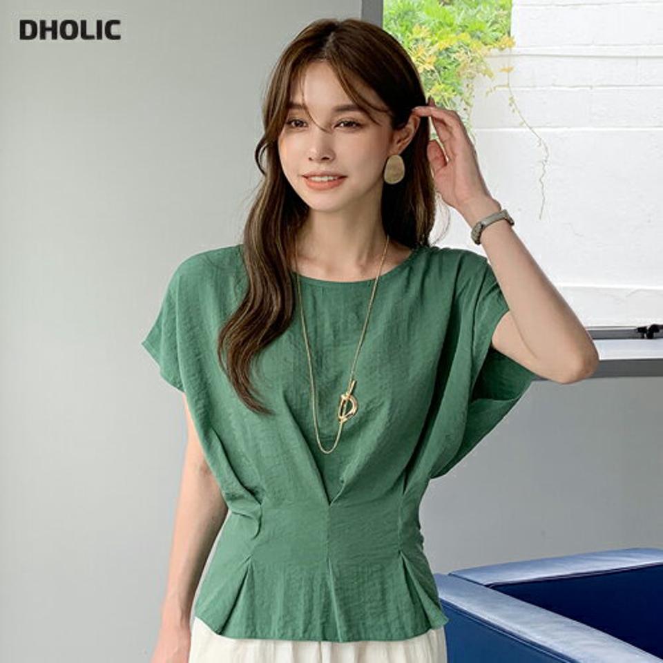 タックフレンチスリーブブラウス・全3色・b72556 レディース 【bl】ブラウス トップス 半袖 単色 無地 シンプル タック フレンチスリーブ ユニーク フレアヘム レーヨン混 春 夏 フェミニン 緑 グリーン 韓国ファッション ハイホリHIHOLLI