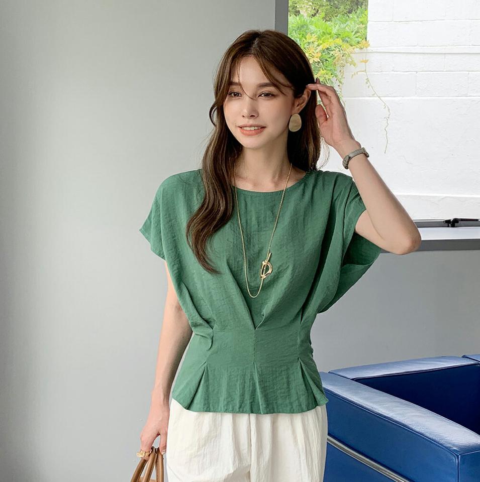 タックフレンチスリーブブラウス・全3色・b72556 レディース 【bl】ブラウス トップス 半袖 単色 無地 シンプル タック フレンチスリーブ ユニーク フレアヘム レーヨン混 春 夏 フェミニン 緑 グリーン 韓国ファッション ハイホリHIHOLLI