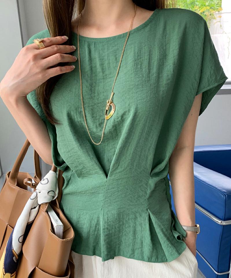 タックフレンチスリーブブラウス・全3色・b72556 レディース 【bl】ブラウス トップス 半袖 単色 無地 シンプル タック フレンチスリーブ ユニーク フレアヘム レーヨン混 春 夏 フェミニン 緑 グリーン 韓国ファッション ハイホリHIHOLLI