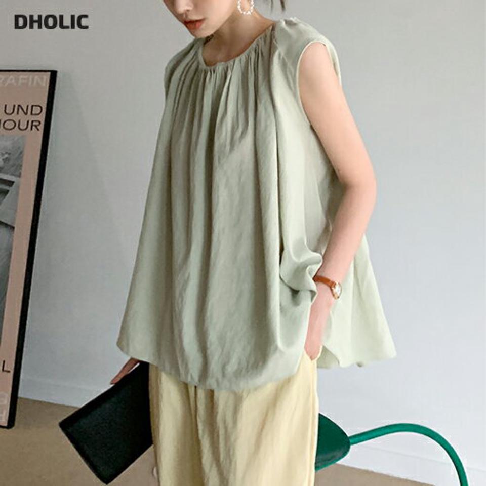 ギャザーゴムノースリーブ・全3色・b72554 レディース 【tops】トップス ノースリーブ スリーブレス 単色 無地 シンプル ベーシック ギャザー お腹カバー ヘム フレア 春 夏 フェミニン カジュアル ミント 黄緑 韓国ファッション ハイホリHIHOLLI