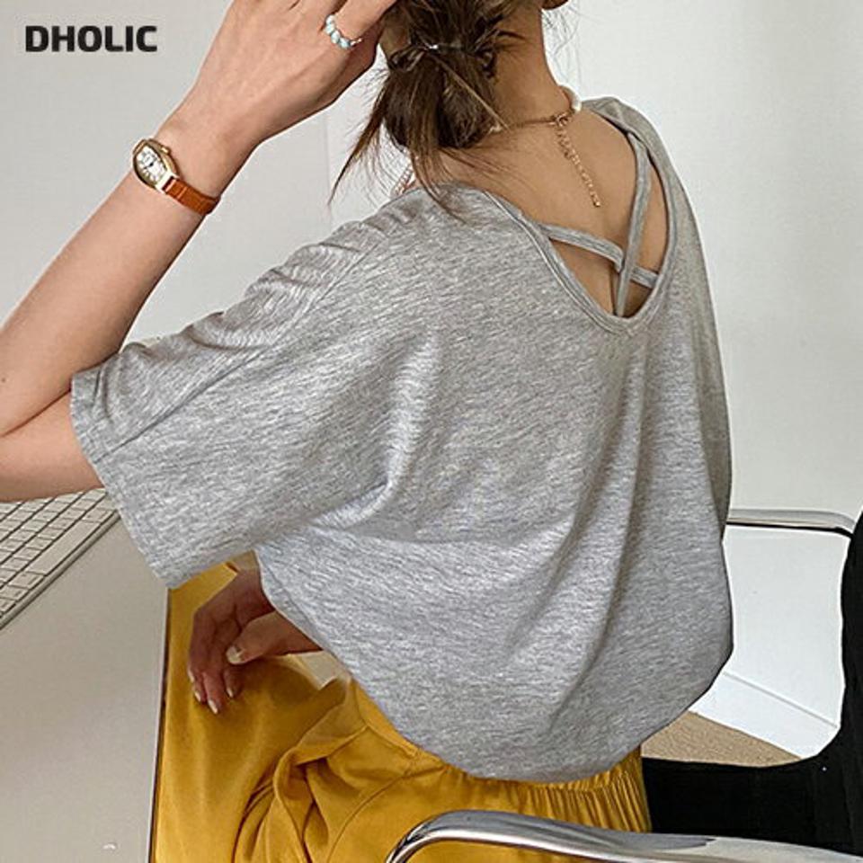 クロスストラップTシャツ・全3色・t72532 レディース 【tops】トップス Tシャツ 半袖 単色 無地 シンプル クロス ストラップ バックシャン 春 夏 カジュアル かわいい 可愛い 灰色 グレー 大人っぽ 韓国ファッション ハイホリHIHOLLI