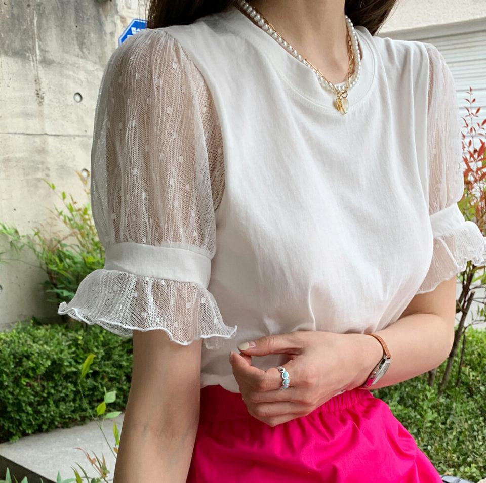 ドットメッシュスリーブTシャツ・全2色・b72555 レディース 【tops】トップス Tシャツ 半袖 柄 模様 メッシュ ドット 異素材 シアー シースルー 透け感 パフ フリル 綿 コットン 春 夏 ホワイト 白 フェミニン 韓国ファッション ハイホリHIHOLLI