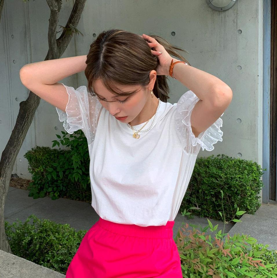 ドットメッシュスリーブTシャツ・全2色・b72555 レディース 【tops】トップス Tシャツ 半袖 柄 模様 メッシュ ドット 異素材 シアー シースルー 透け感 パフ フリル 綿 コットン 春 夏 ホワイト 白 フェミニン 韓国ファッション ハイホリHIHOLLI