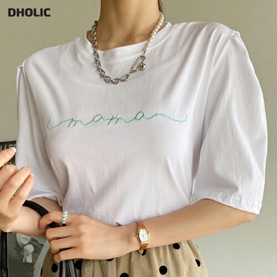 刺繍レタリングパフTシャツ・全4色・t72559 レディース 【tops】トップス 半袖 Tシャツ ロゴ ロゴT ゆったり 楽ちん ラフ レタリング パフスリーブ パフ袖 ホワイト 白 パステル タック 春 夏 カジュアル 綿 韓国ファッション ハイホリHIHOLLI