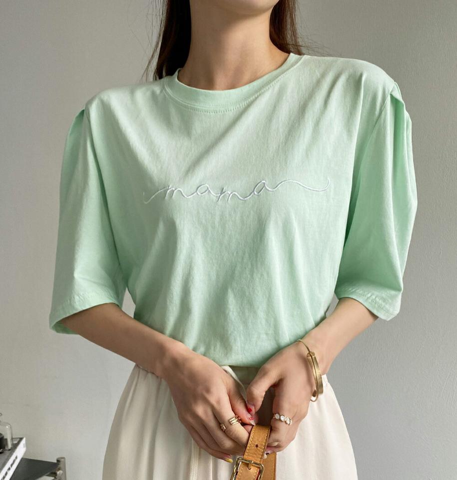 刺繍レタリングパフTシャツ・全4色・t72559 レディース 【tops】トップス 半袖 Tシャツ ロゴ ロゴT ゆったり 楽ちん ラフ レタリング パフスリーブ パフ袖 ホワイト 白 パステル タック 春 夏 カジュアル 綿 韓国ファッション ハイホリHIHOLLI