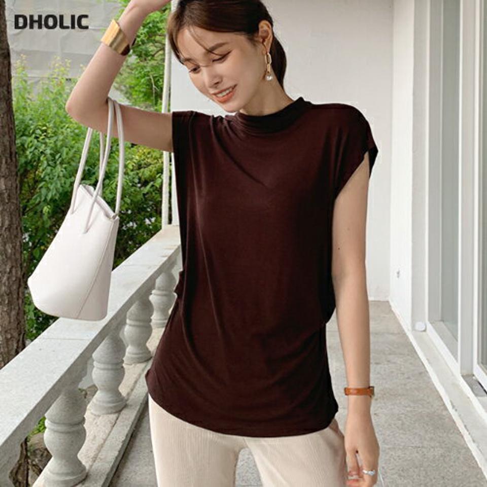 ハーフネックシャーリングフレンチスリーブTシャツ・全5色・t72565 レディース 【tops】トップス Tシャツ 単色 無地 シンプル ベーシッ シャーリング 春 夏 茶色 ブラウン フレンチスリーブ 大人っぽ 韓国ファッション ハイホリHIHOLLI
