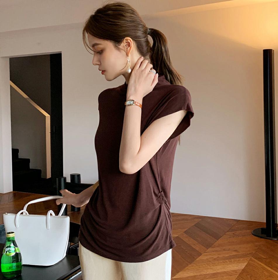 ハーフネックシャーリングフレンチスリーブTシャツ・全5色・t72565 レディース 【tops】トップス Tシャツ 単色 無地 シンプル ベーシッ シャーリング 春 夏 茶色 ブラウン フレンチスリーブ 大人っぽ 韓国ファッション ハイホリHIHOLLI