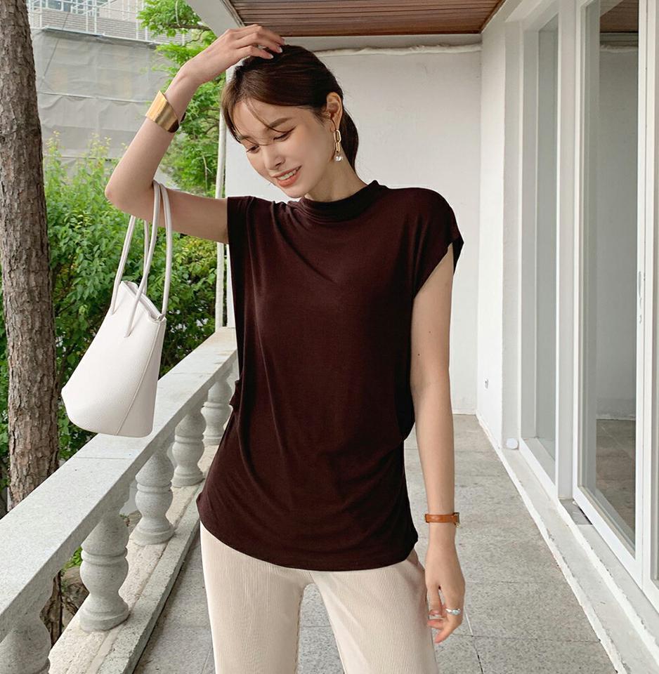 ハーフネックシャーリングフレンチスリーブTシャツ・全5色・t72565 レディース 【tops】トップス Tシャツ 単色 無地 シンプル ベーシッ シャーリング 春 夏 茶色 ブラウン フレンチスリーブ 大人っぽ 韓国ファッション ハイホリHIHOLLI
