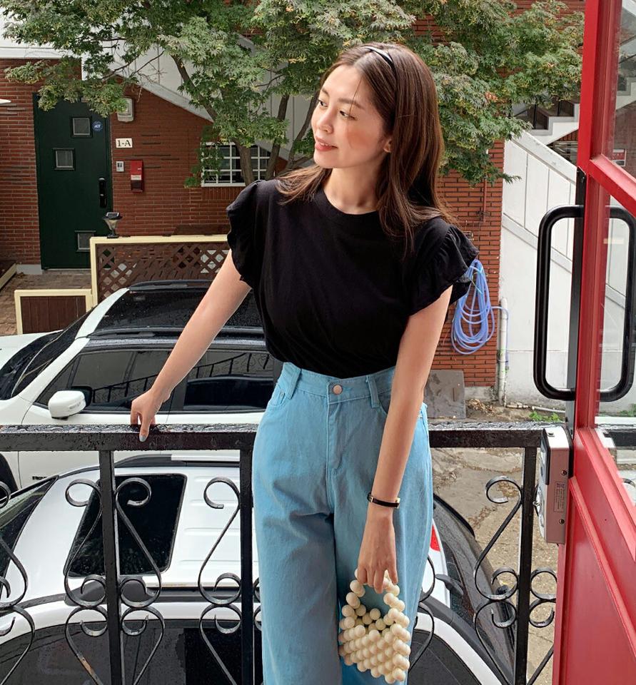 フリルキャップスリーブTシャツ・全3色・t00832 レディース 【tops】トップス Tシャツ フレンチスリーブ キャップスリーブ ショートスリーブ フリル 袖コン 単色 ラウンドネック 無地 シンプル かわいい 可愛い カジュアル 夏 韓国ファッション