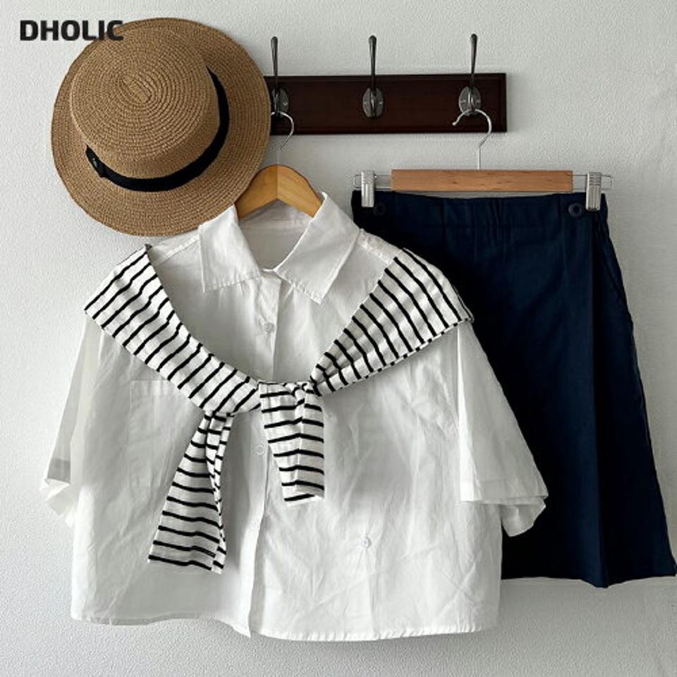 【新作10%OFF】ショール付2WAYクロップドシャツ・全2色・b00831 レディース 【bl】トップス シャツ 半袖 ハーフスリーブ クロップド丈 短丈 ショール セット 単色 無地 シンプル ベーシック カジュアル ドロップショルダー ゆったり 身幅 夏 韓国ファッション【セール】