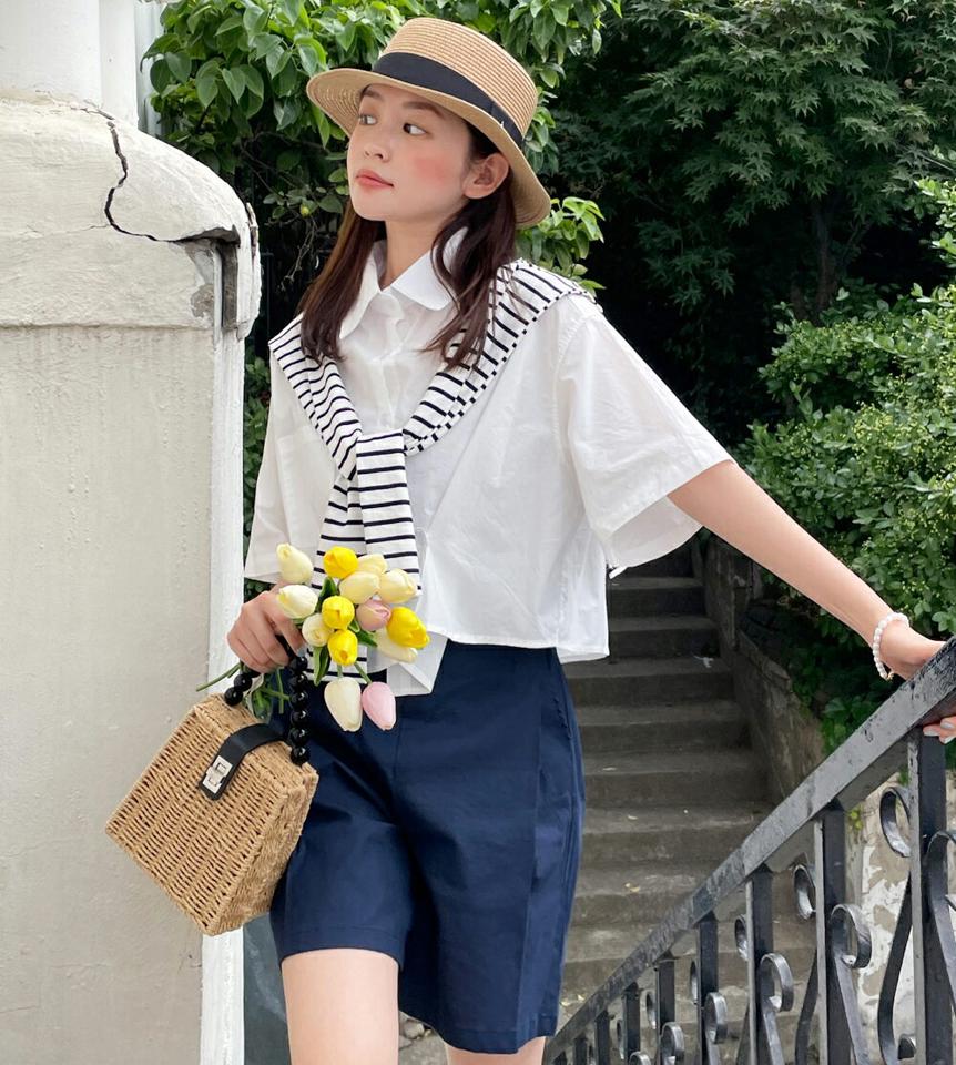 【新作10%OFF】ショール付2WAYクロップドシャツ・全2色・b00831 レディース 【bl】トップス シャツ 半袖 ハーフスリーブ クロップド丈 短丈 ショール セット 単色 無地 シンプル ベーシック カジュアル ドロップショルダー ゆったり 身幅 夏 韓国ファッション【セール】