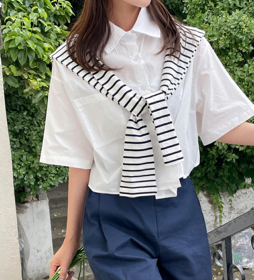 【新作10%OFF】ショール付2WAYクロップドシャツ・全2色・b00831 レディース 【bl】トップス シャツ 半袖 ハーフスリーブ クロップド丈 短丈 ショール セット 単色 無地 シンプル ベーシック カジュアル ドロップショルダー ゆったり 身幅 夏 韓国ファッション【セール】