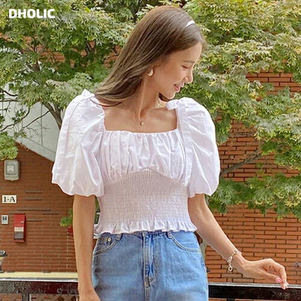 2WAYリボンシャーリングブラウス・全4色・t00830 レディース 【bl】トップス ブラウス 半袖 ハーフスリーブ パフスリーブ 白ブラウス シャーリング ウエストゴム マーク 二の腕カバー デコルテ クロップ丈 オフショルダー 春 夏 韓国ファッション