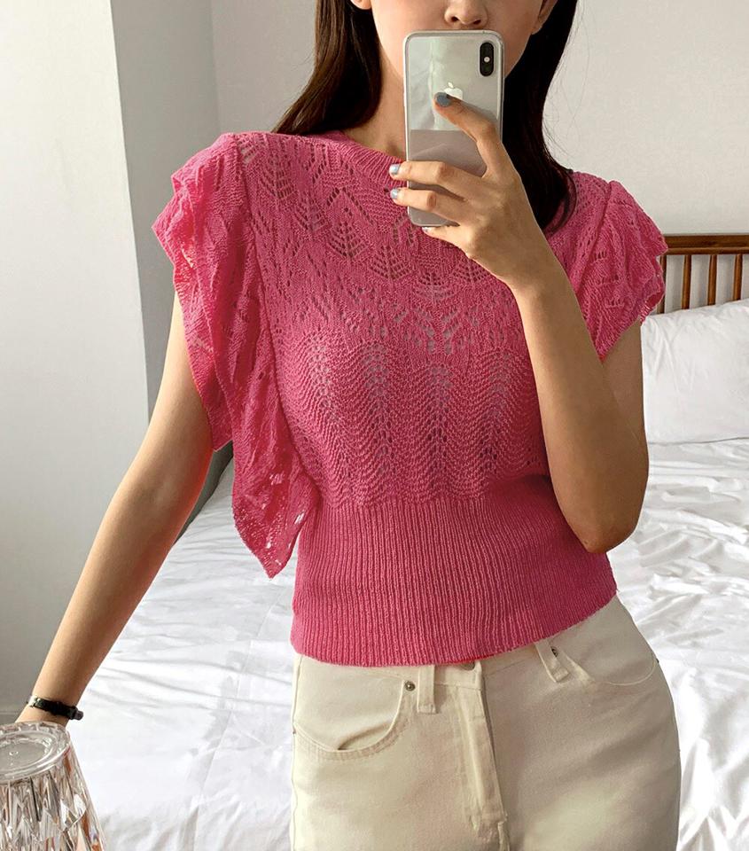 パンチングフリルスリーブニット・全4色・b00825 レディース 【tops】トップス ニット フレンチスリーブ ショートスリーブ 二の腕カバー フリル パンチング 透け感 シースルー ラウンドネック カジュアル 青 ピンク 大人 夏 サマーニット 韓国ファッション