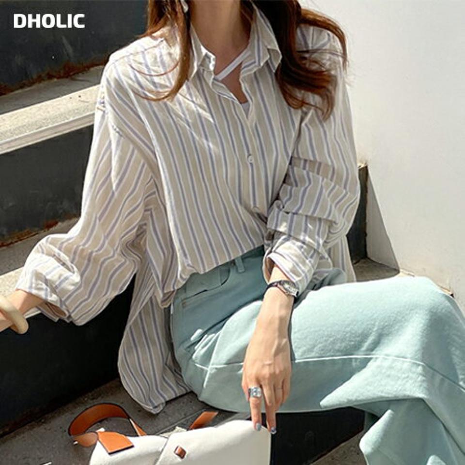 ストライプシアーシャツ・全3色・t00753 レディース 【bl】ブラウス トップス 長袖 柄 模様 ストライプ パステル ルーズ オーバー 襟 ボタン ゆったり 楽ちん 体型カバー ロング丈 春 夏 カジュアル ベージュ 韓国ファッション ハイホリHIHOLLI