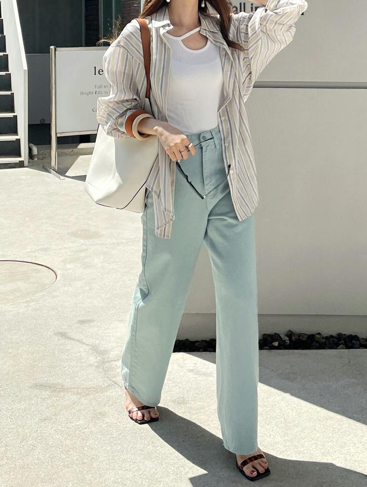 ストライプシアーシャツ・全3色・t00753 レディース 【bl】ブラウス トップス 長袖 柄 模様 ストライプ パステル ルーズ オーバー 襟 ボタン ゆったり 楽ちん 体型カバー ロング丈 春 夏 カジュアル ベージュ 韓国ファッション ハイホリHIHOLLI