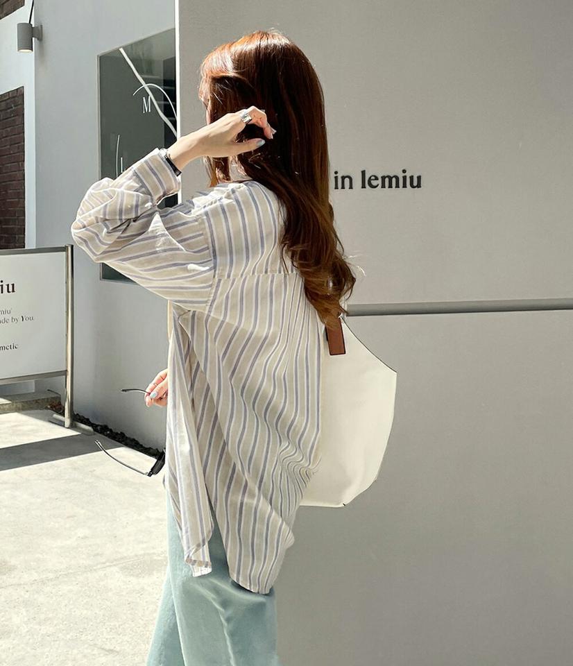 ストライプシアーシャツ・全3色・t00753 レディース 【bl】ブラウス トップス 長袖 柄 模様 ストライプ パステル ルーズ オーバー 襟 ボタン ゆったり 楽ちん 体型カバー ロング丈 春 夏 カジュアル ベージュ 韓国ファッション ハイホリHIHOLLI