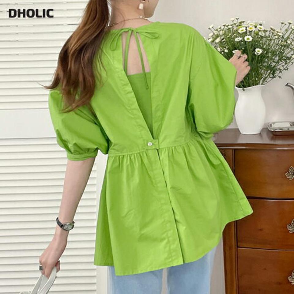 バックスリットリボンブラウス・全3色・t00752 レディース 【bl】ブラウス トップス 半袖 バックシャン 綿 コットン パフスリーブ 二の腕カバー お腹カバー 体型カバー 楽ちん ペプラム 春 夏 フェミニン 黄緑 韓国ファッション ハイホリHIHOLLI