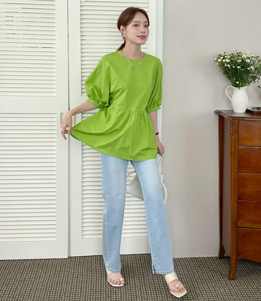 バックスリットリボンブラウス・全3色・t00752 レディース 【bl】ブラウス トップス 半袖 バックシャン 綿 コットン パフスリーブ 二の腕カバー お腹カバー 体型カバー 楽ちん ペプラム 春 夏 フェミニン 黄緑 韓国ファッション ハイホリHIHOLLI