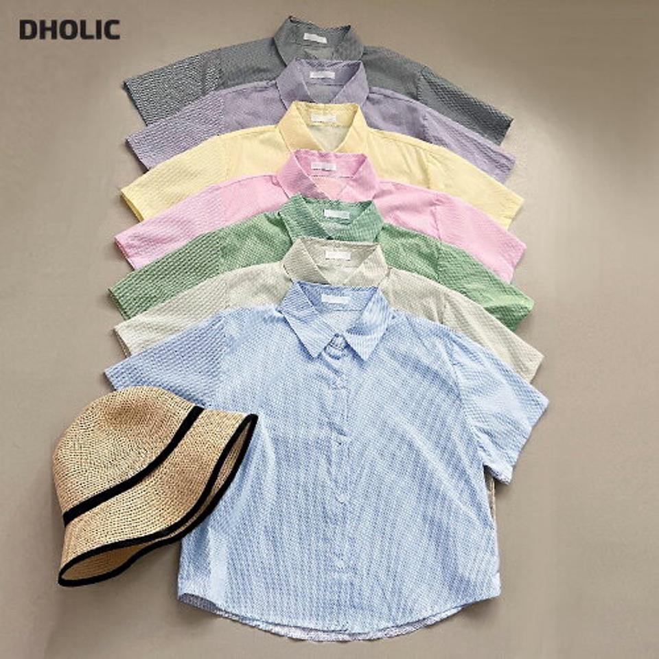 【10%OFF】ピンストライプクロップドシャツ・全7色・t00751 レディース 【bl】シャツ トップス 半袖 柄 模様 襟 ボタン ピンストライプ パステル クロップド丈 綿 コットン 春 夏 カジュアル 水色 ピンク 韓国ファッション ハイホリHIHOLLI セール SALE