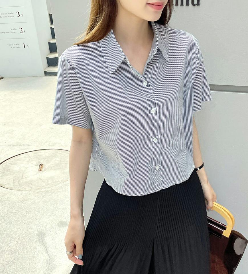 【10%OFF】ピンストライプクロップドシャツ・全7色・t00751 レディース 【bl】シャツ トップス 半袖 柄 模様 襟 ボタン ピンストライプ パステル クロップド丈 綿 コットン 春 夏 カジュアル 水色 ピンク 韓国ファッション ハイホリHIHOLLI セール SALE