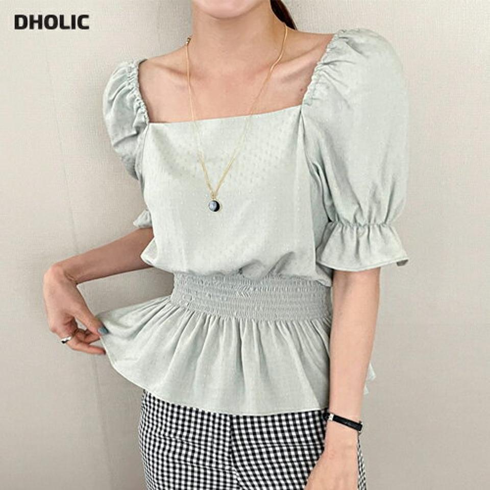 2WAY刺繍ドットブラウス・全4色・t00750 レディース 【bl】ブラウス トップス 単色 刺繍 柄 模様 半袖 スクエアネック デコルテ パステル ドット 前後着用 二の腕カバー オフショルダー 2WAY 春 夏 ペプラム ミント 韓国ファッション ハイホリHIHOLLI