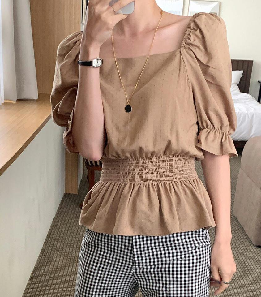 2WAY刺繍ドットブラウス・全4色・t00750 レディース 【bl】ブラウス トップス 単色 刺繍 柄 模様 半袖 スクエアネック デコルテ パステル ドット 前後着用 二の腕カバー オフショルダー 2WAY 春 夏 ペプラム ミント 韓国ファッション ハイホリHIHOLLI