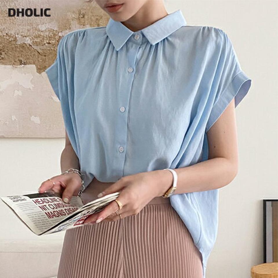 リネン混バンドスリーブブラウス・全4色・b00749 レディース 【bl】ブラウス トップス 半袖 単色 無地 シンプル 襟 ボタン リネン混 フレア パステル 二の腕カバー お腹カバー 体型カバー 春 夏 大人っぽ 水色 韓国ファッション ハイホリHIHOLLI