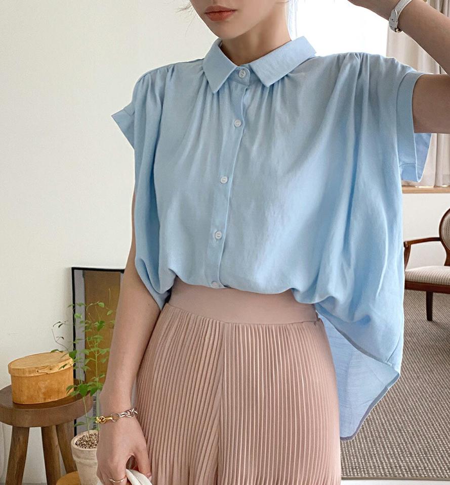 リネン混バンドスリーブブラウス・全4色・b00749 レディース 【bl】ブラウス トップス 半袖 単色 無地 シンプル 襟 ボタン リネン混 フレア パステル 二の腕カバー お腹カバー 体型カバー 春 夏 大人っぽ 水色 韓国ファッション ハイホリHIHOLLI