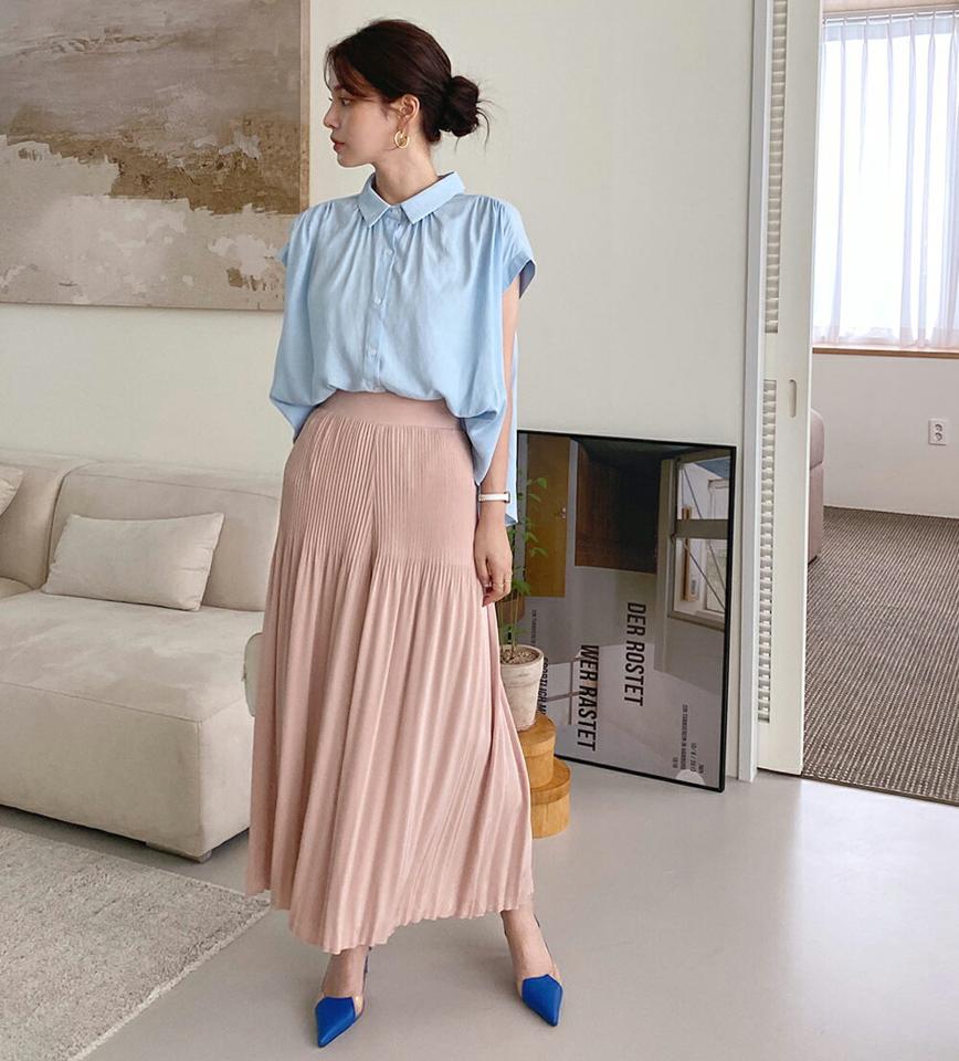 リネン混バンドスリーブブラウス・全4色・b00749 レディース 【bl】ブラウス トップス 半袖 単色 無地 シンプル 襟 ボタン リネン混 フレア パステル 二の腕カバー お腹カバー 体型カバー 春 夏 大人っぽ 水色 韓国ファッション ハイホリHIHOLLI