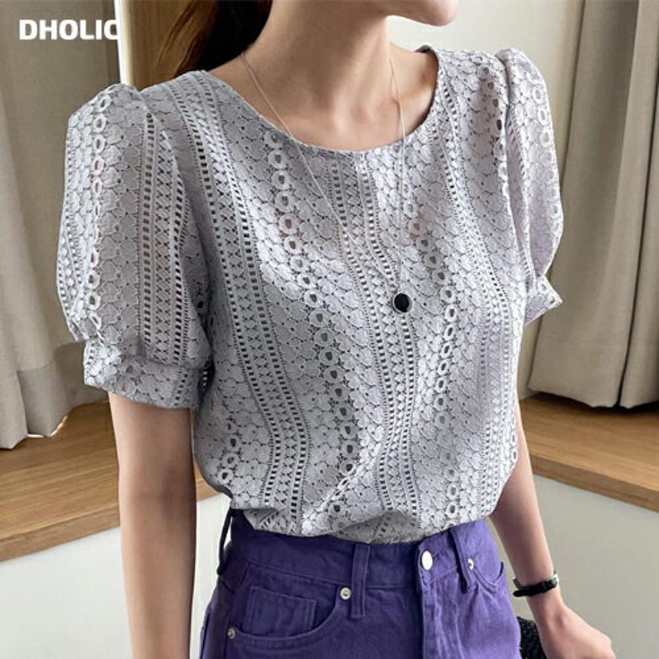 【10%OFF】レースパフブラウス・全3色・t00747 レディース 【bl】ブラウス トップス 半袖 レース 柄 模様 総レース パステル くすみ パフ袖 パフスリーブ 透け感 二の腕カバー 春 夏 フェミニン グレー 灰色 かわいい 可愛い 韓国ファッション ハイホリHIHOLLI セール SALE