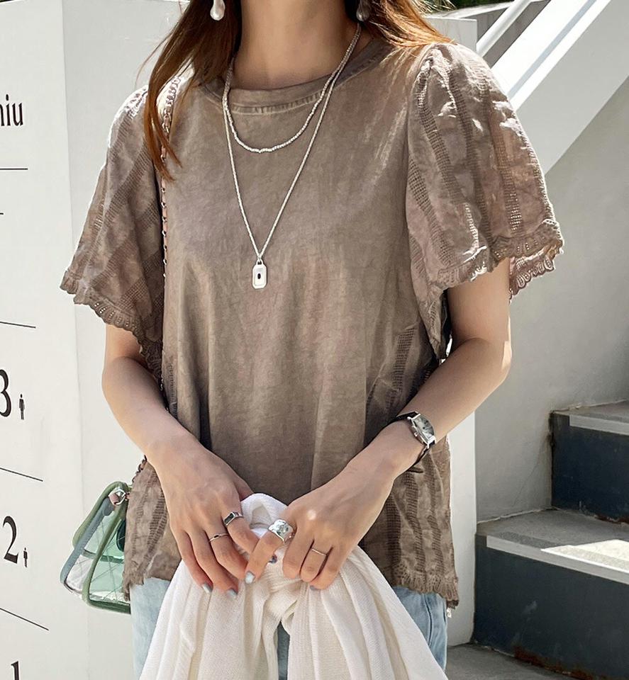 パンチングパフスリーブTシャツ・全4色・b00746 レディース 【tops】トップス 半袖 Tシャツ 柄 模様 パンチング パフ袖 パフスリーブ コットン 綿 二の腕カバー 春 夏 フェミニン ベージュ グレー 灰色 茶色 韓国ファッション ハイホリHIHOLLI