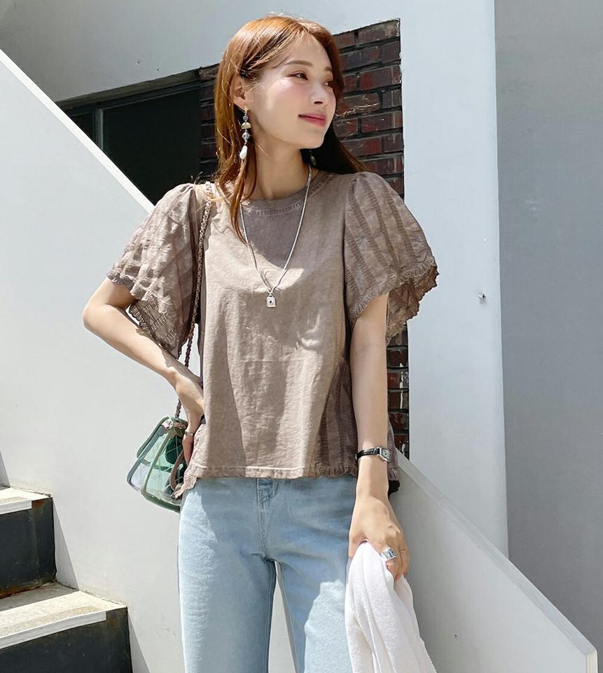 パンチングパフスリーブTシャツ・全4色・b00746 レディース 【tops】トップス 半袖 Tシャツ 柄 模様 パンチング パフ袖 パフスリーブ コットン 綿 二の腕カバー 春 夏 フェミニン ベージュ グレー 灰色 茶色 韓国ファッション ハイホリHIHOLLI