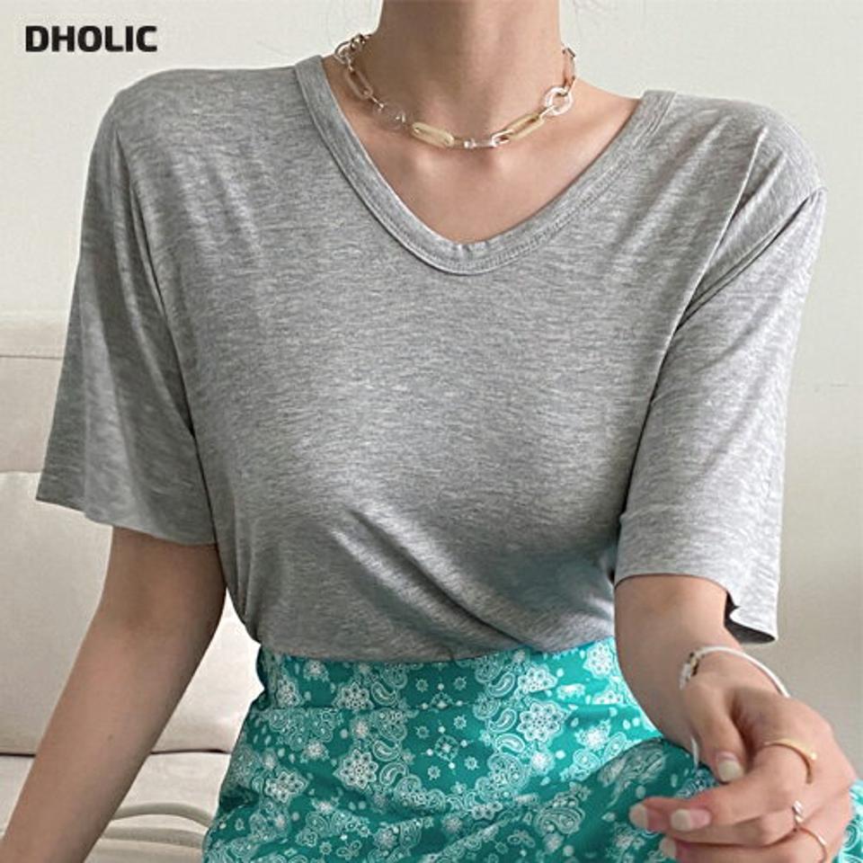 VネックロングTシャツ・全6色・t00745 レディース 【tops】トップス Tシャツ 半袖 無地 単色 シンプル ベーシック Vネック 鎖骨 デコルテ ゆったり ラフ 楽ちん オーバー ロング丈 春 夏 グレー 灰色 カジュアル 韓国ファッション ハイホリHIHOLLI