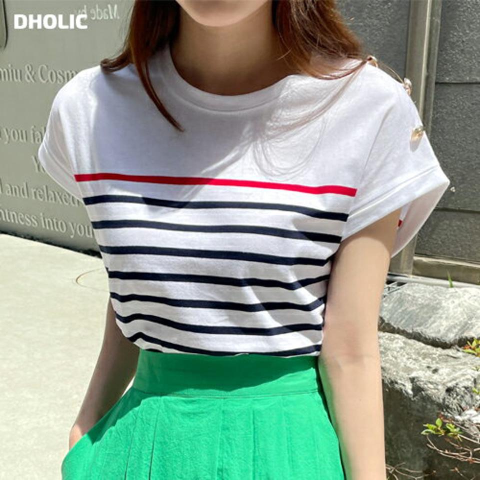 【マラソン特価】ボーダーロールアップスリーブTシャツ・全2色・b00743 レディース 【tops】トップス 半袖 Tシャツ ボーダー 柄 模様 マリン ボタン ロールアップ ロング丈 ルーズ 春 夏 ホワイト 白 ネイビー 紺 カジュアル 韓国ファッション ハイホリHIHOLLI